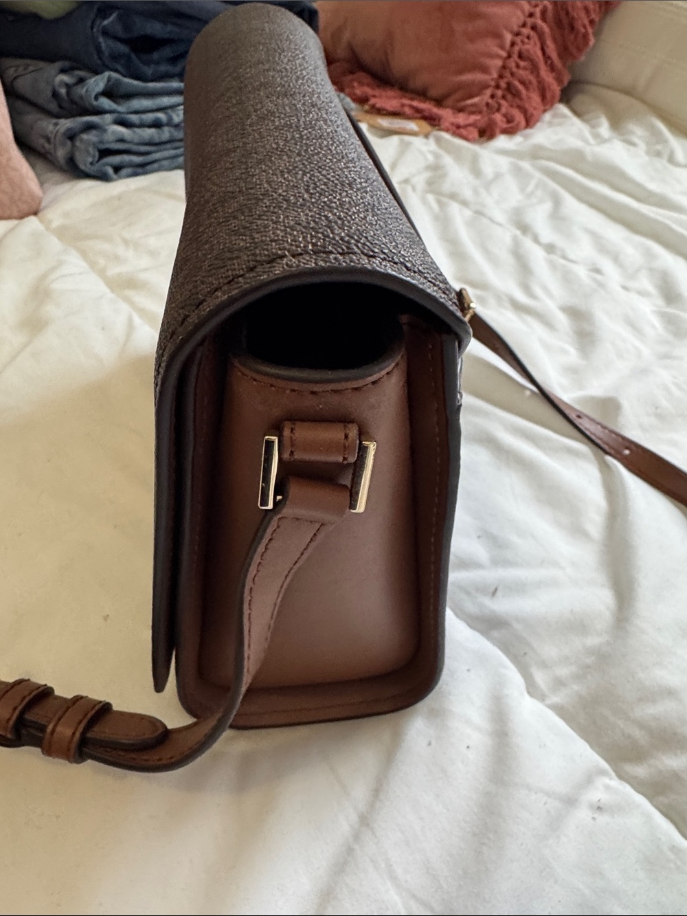 Michael Kors Dark Brown MK Monogram Messenger Bag with Gold Logo - Picture 10 of 10